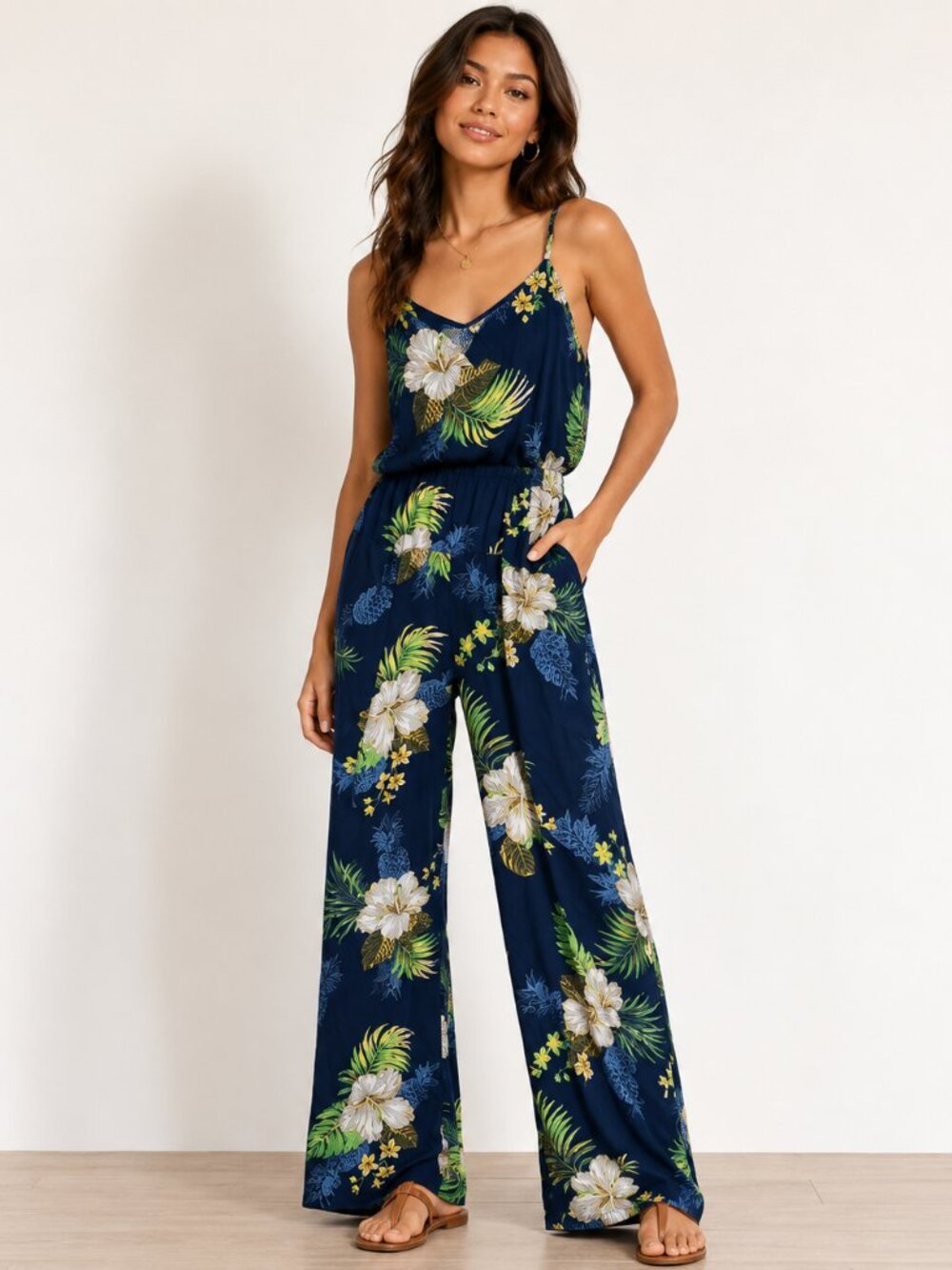 Hawaii Hangover Spaghetti Strap Jumpsuit Size Medium Blue Floral Rayon NEW